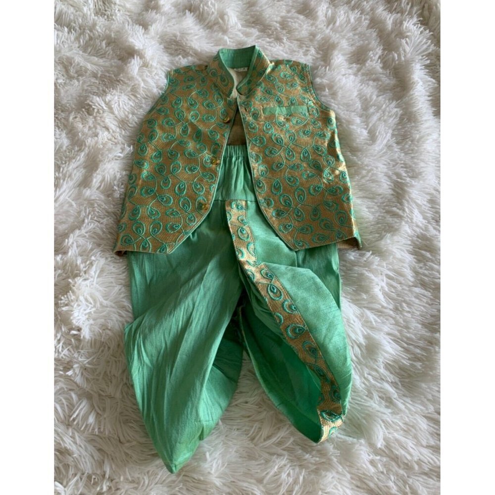 Sherwani Set Kids Size 2 Patterned Collared‎ Sleeveless Button Front Green